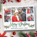 Carte Postale Fun Calligraphie Holly 5 Photo Couple Noël<br><div class="desc">Calligraphie moderne Script 5 Photo Couple Photo Collage Joyeux Noël Carte postale inclut Watercolor Christmas Holly Berries - Green Script</div>