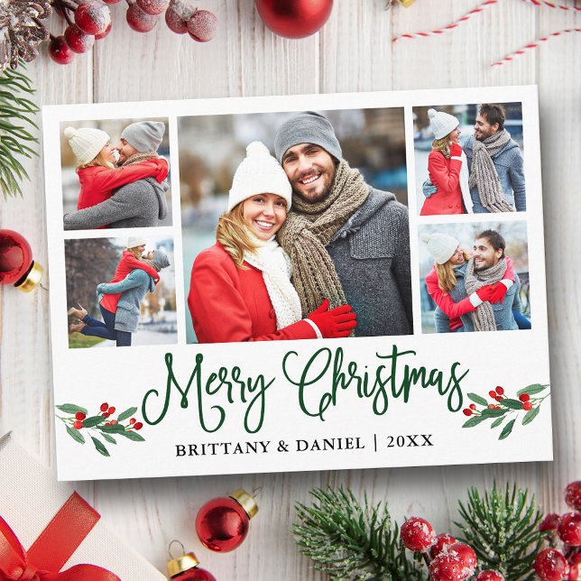Carte Postale Fun Calligraphie Holly 5 Photo Couple Noël (Customize to change your personalized text size or text style.)