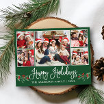 Carte Postale Fun Calligraphy Holly 5 Photo Happy Holidays Green<br><div class="desc">Moderne Fun Calligraphie Script 5 Photo Famille Photo Collage Happy Holidays Carte postale inclut Aquarelle Christmas Holly Berries - Forest Green</div>
