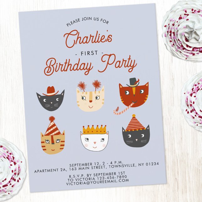 Carte Postale Fun Chat Personnalisé 1er Anniversaire Fête Invita (Fun personalized kitty cat first birthday party invitation postcard)