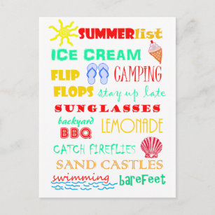 Carte Postale Fun Coloré brillant Liste d'été