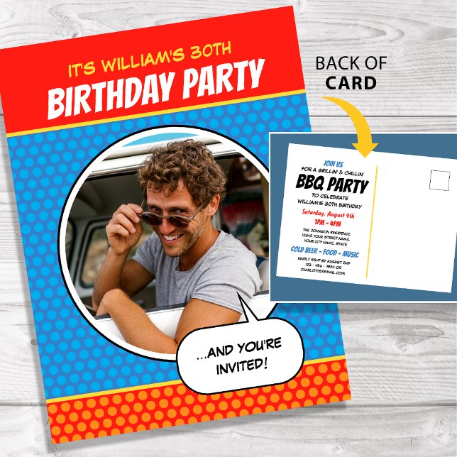 Carte Postale Fun Comic Style Any Age Birthday Party BBQ Blue (Créateur téléchargé)