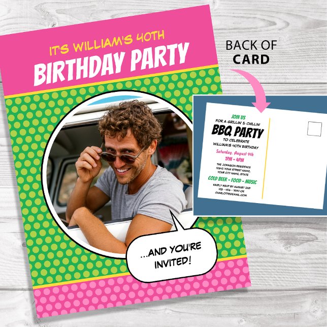 Carte Postale Fun Comic Style Any Age Birthday Party BBQ Pink (Créateur téléchargé)