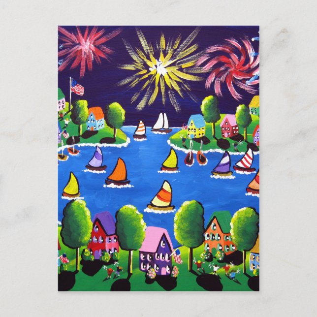 Carte Postale Fun Fireworks 4 juillet Folk Art (Devant)