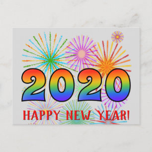 Carte Postale Fun, Rainbow Colors 2020 + "HEUREUX NOUVEL AN !"
