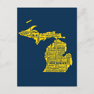 Carte Postale Fun Yellow et Navy Blue State of Michigan villes