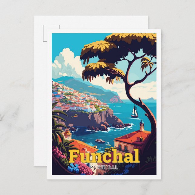 Carte Postale Funchal Portugal Voyage Vintage Illustration (Devant / Derrière)