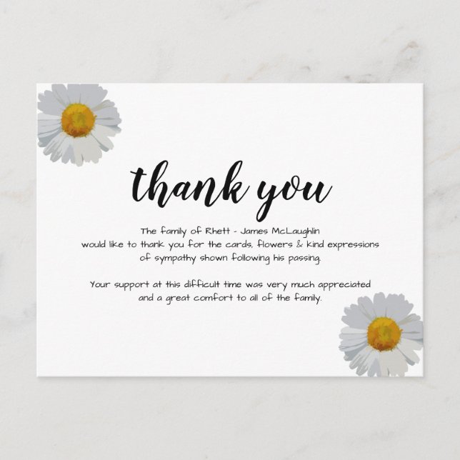 Carte Postale Funeral Sympathy Thank you Card (Devant)