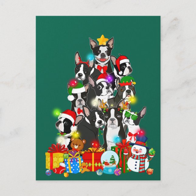 Carte Postale Funky Boston Terrier Christmas Tree Lumières Chiot (Devant)