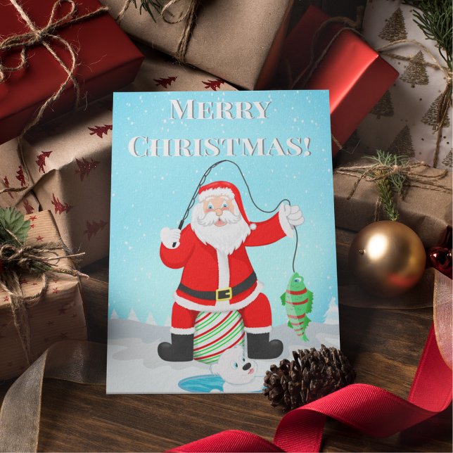 Carte Postale Funky Père Noël Pêche Sur Glace Avec Ours Polaire (Santa and Polar Bear Reel in the Fun: A Perfect Catch for the Angler in Your Life!)