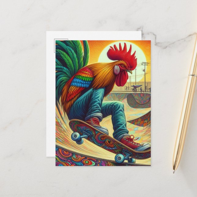 Carte Postale Funky Surreal Skateboard Rooster (Devant/Arrière en situation)