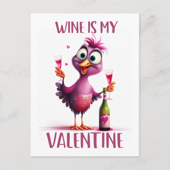 Carte Postale Funny Bird Wine est ma Saint Valentin (Devant)