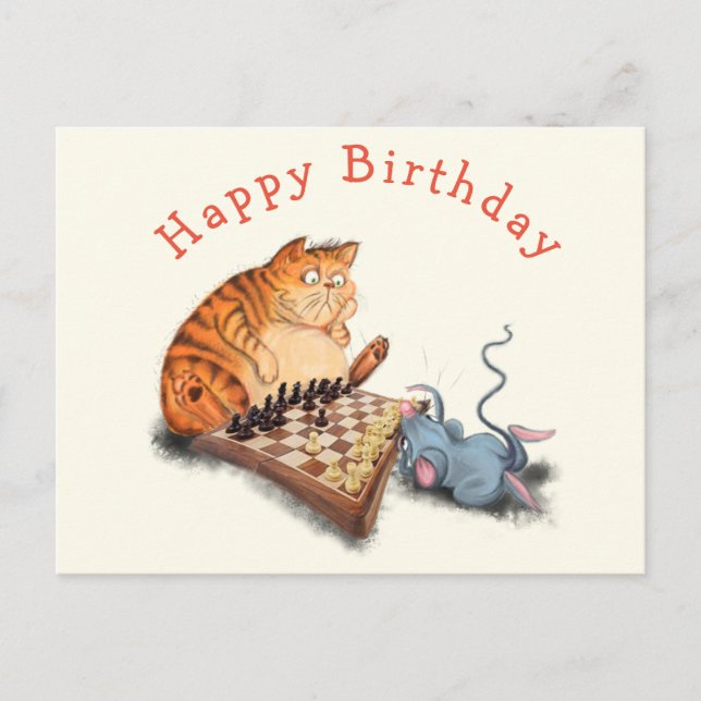 Carte Postale Funny Birthday Card Chat et souris Jouer aux échec (Devant)