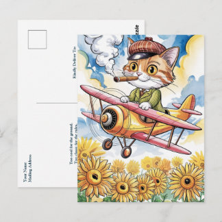 Carte Postale Funny Cat Pilot Birthday Biplane Plane Sunflowers