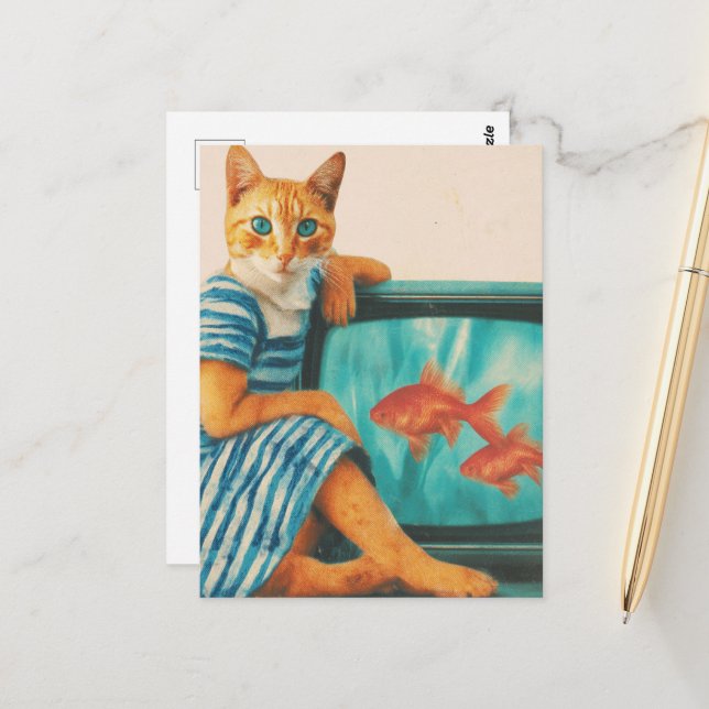 Carte Postale Funny Cat With Goldfish Retro Collage (Devant/Arrière en situation)