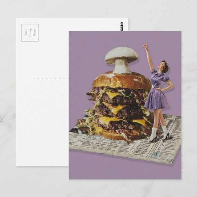 Carte Postale Funny Cheeseburger Mushroom Cheer Lady Collage (Devant / Derrière)