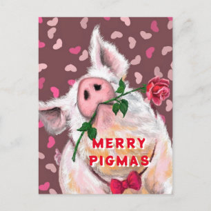 Carte Postale Funny Christmas Card Gentleman Pig avec Rose