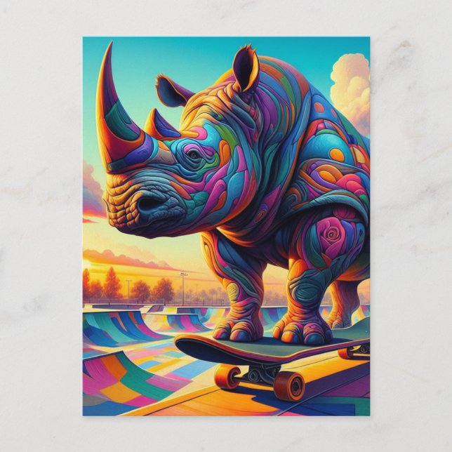 Carte Postale Funny Coloré Surreal Rhino Skateboard (Devant)