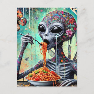 Carte Postale Funny Funky Alien Manger Spaghetti Collage