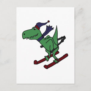 Carte Postale Funny Green Trex Dinosaur Ski