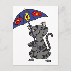 Carte Postale Funny Grey Tabby Chat tenant un parapluie