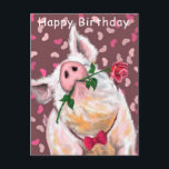 Carte Postale Funny Happy Birthday Card Porc Gentleman avec Rose<br><div class="desc">Cartes d'Anniversaire amusantes avec un cochon de Gentleman avec un Rose - Design de peinture MIGNED - ou ajouter votre texte / nom</div>