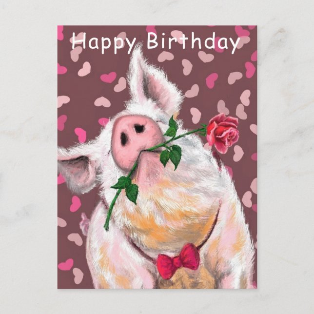 Carte Postale Funny Happy Birthday Card Porc Gentleman avec Rose (Devant)