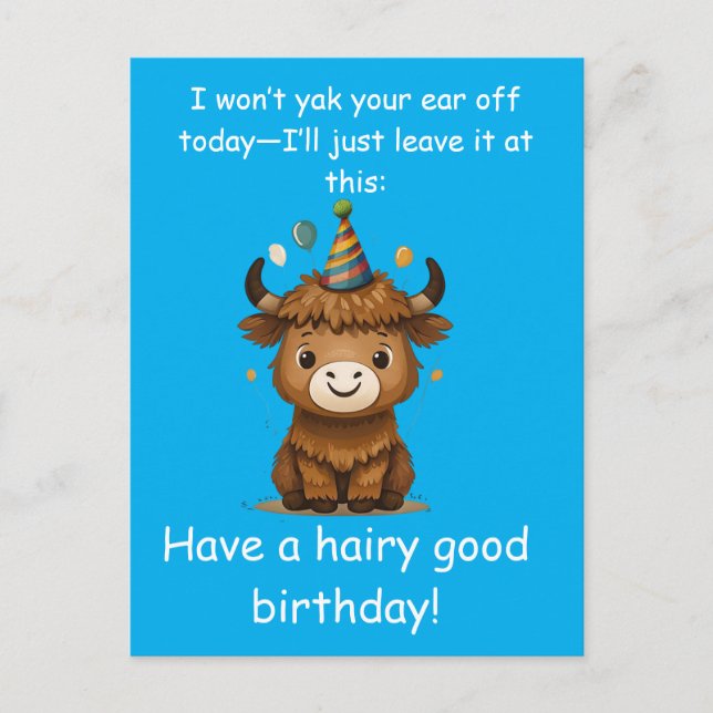 Carte Postale Funny Highland Yak: Hairy Good Birthday Puns (Devant)