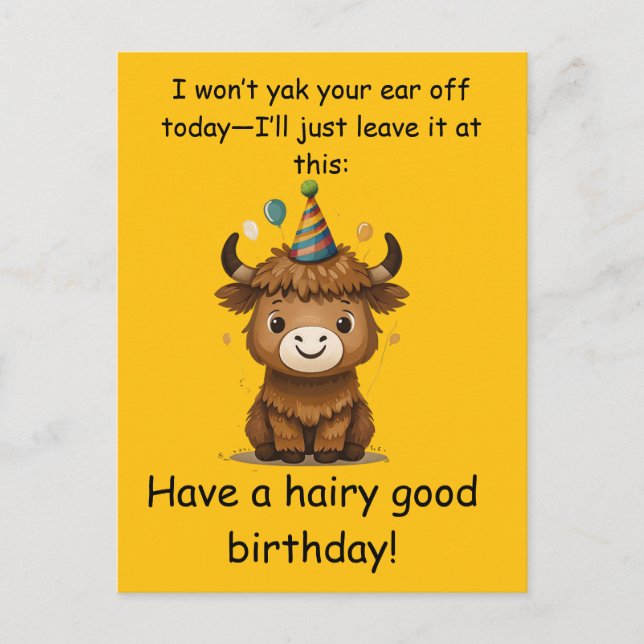 Carte Postale Funny Highland Yak: Hairy Good Birthday Puns (Devant)