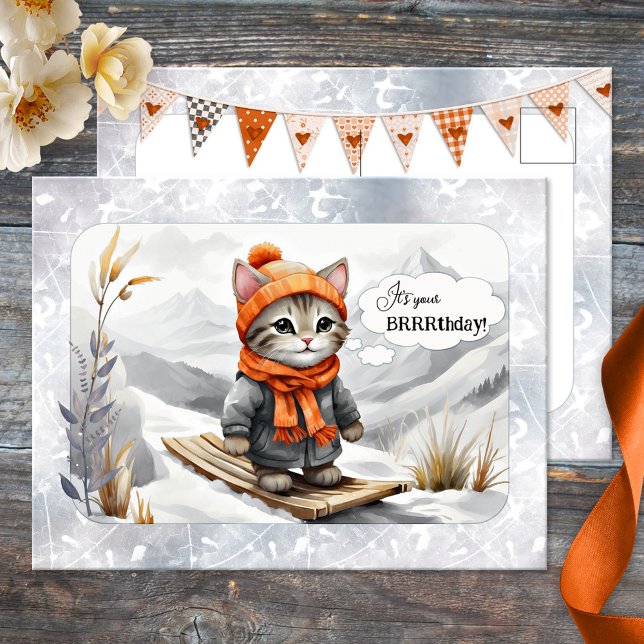 Carte Postale Funny Kitty Neige hiver Anniversaire (A funny watercolor birthday postcard featuring a kitty on skies in a winter wonderland - cat lovers)