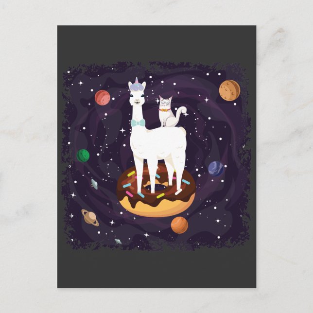 Carte Postale Funny Llama Unicorne avec chat sur une galaxie de  (Devant)