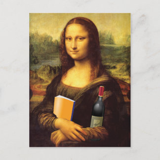 Carte Postale Funny Mona Lisa avec du vin et du livre