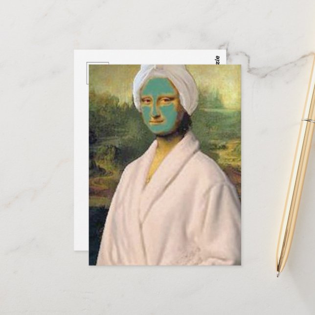 Carte Postale Funny Mona Lisa faisant des soins de la peau en ro (Devant/Arrière en situation)
