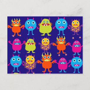 Carte Postale Funny Monster Party Cute Créatures sur le bleu