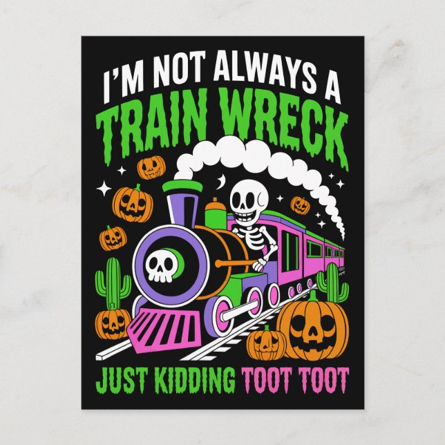 Carte Postale Funny Neon Train Wreck Skeleton Halloween Pun (Devant)