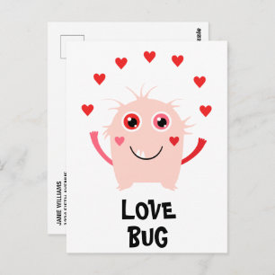 Carte Postale Funny Pink Love Coeurs de bug Saint Valentin