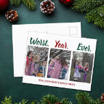 Carte Postale Funny Pire année Jour férié Humour<br><div class="desc">Ces cartes postales de Noël hilarantes présentent trois photos de votre famille sur le devant, sous l'expression amusante Pire année jamais en rouge et en vert pour les vacances. Personnalisez le bas de cette carte d'humour de vacances pandémique pour 2020 avec une photo de vos enfants et votre texte personnalisé....</div>
