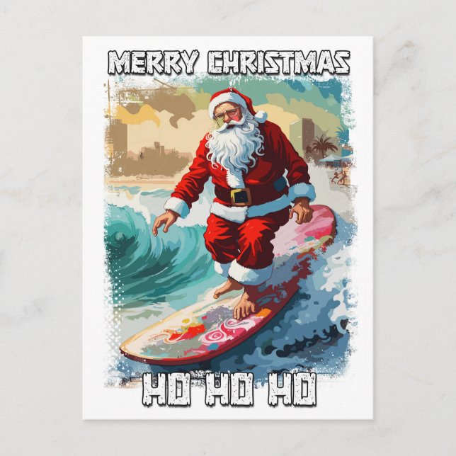 Carte Postale Funny Santa Claus surfer dans le pop art d'été (Devant)