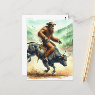 Carte Postale Funny Sasquatch Rides Bull dans Rodeo Watercolor