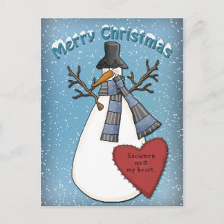 Carte Postale Funny Snowman avec casquette et foulard