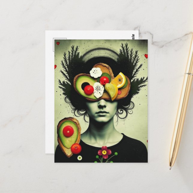Carte Postale Funny Surreal Avocado Toast woman hearts flowers (Devant/Arrière en situation)