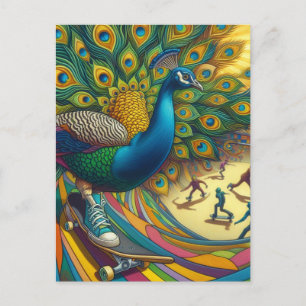 Carte Postale Funny Surreal Peacock Wears Tennis Shoe Skateboard