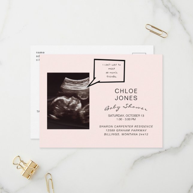 Carte Postale Funny Ultrasound Baby shower rose Invitation (Devant/Arrière en situation)