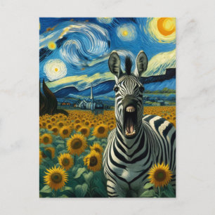 Carte Postale Funny Zebra in faux Van Gogh Sunflower Field