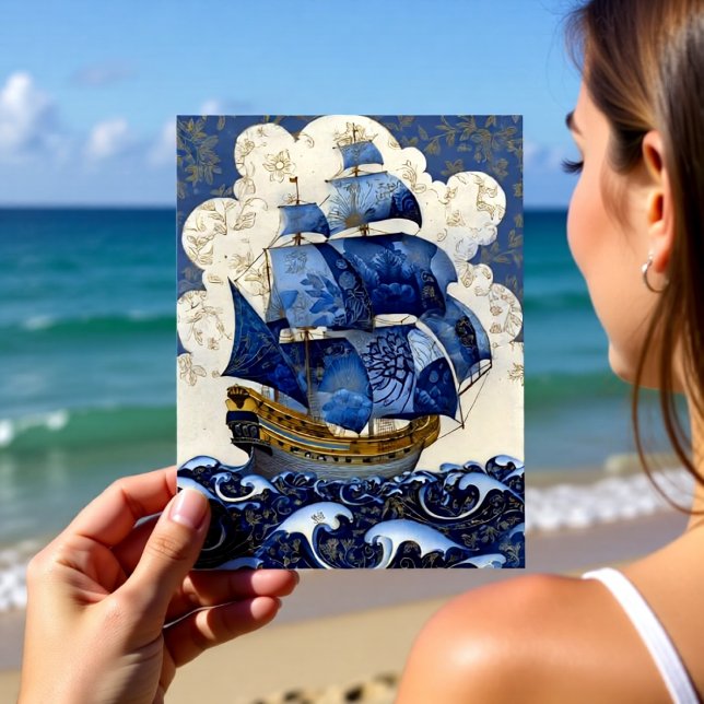 Carte Postale Galion bleu de Delft doré (Créateur téléchargé)
