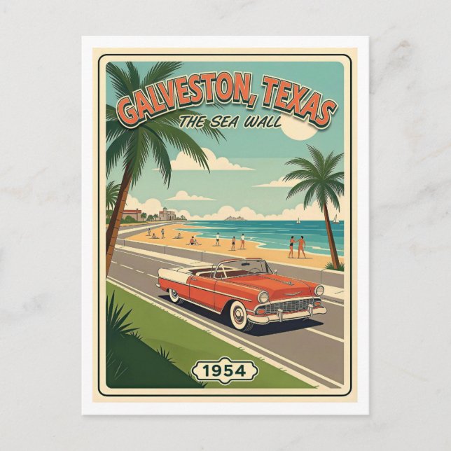 Carte Postale Galveston TX Rétro Mur de Mer 1950s (Devant)