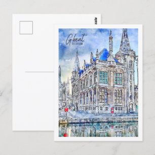 Carte Postale Gand Belgique Travel Place Aquarelle
