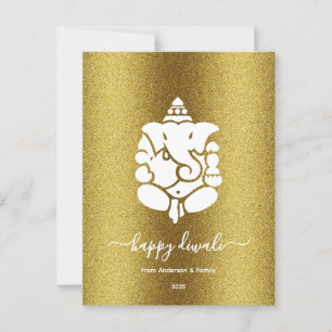 Carte Postale Ganesha Golden Parties scintillant Happy Diwali De