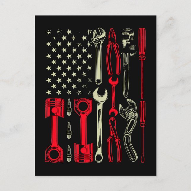 Carte Postale Garage de Mécanicien Patriotique Américain USA (Devant)