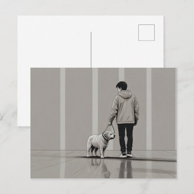 Carte Postale Garçon avec art chien (Devant / Derrière)